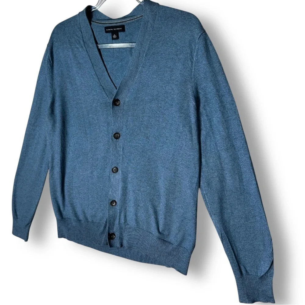 Banana Republic Mens Cardigan Sweater Sz M Silk Cashmere Blend V Neck Blue Casua